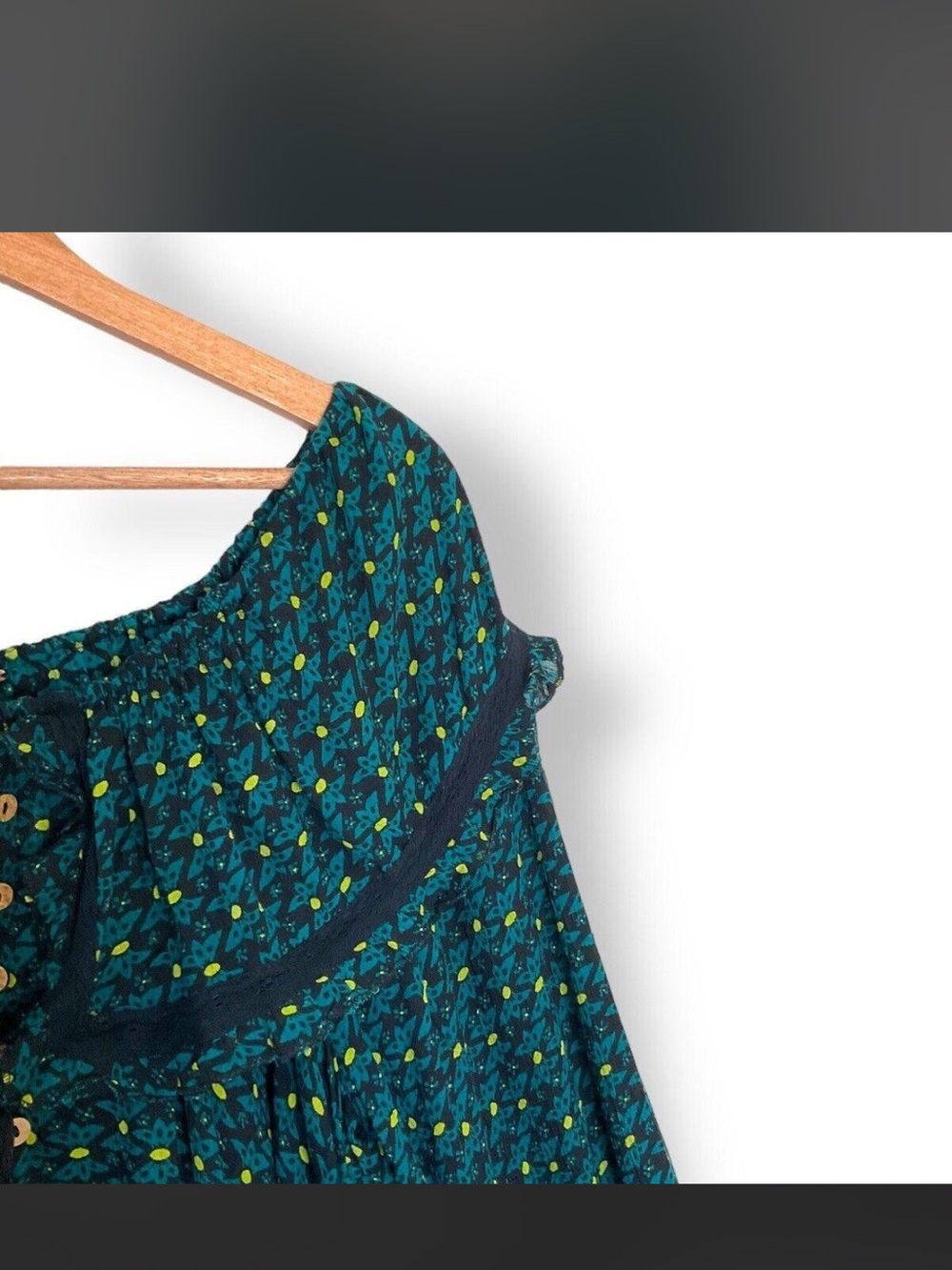 NWT Free People Black & Green Printed Button-Front Smocked Tunic - Picture 6 of 11